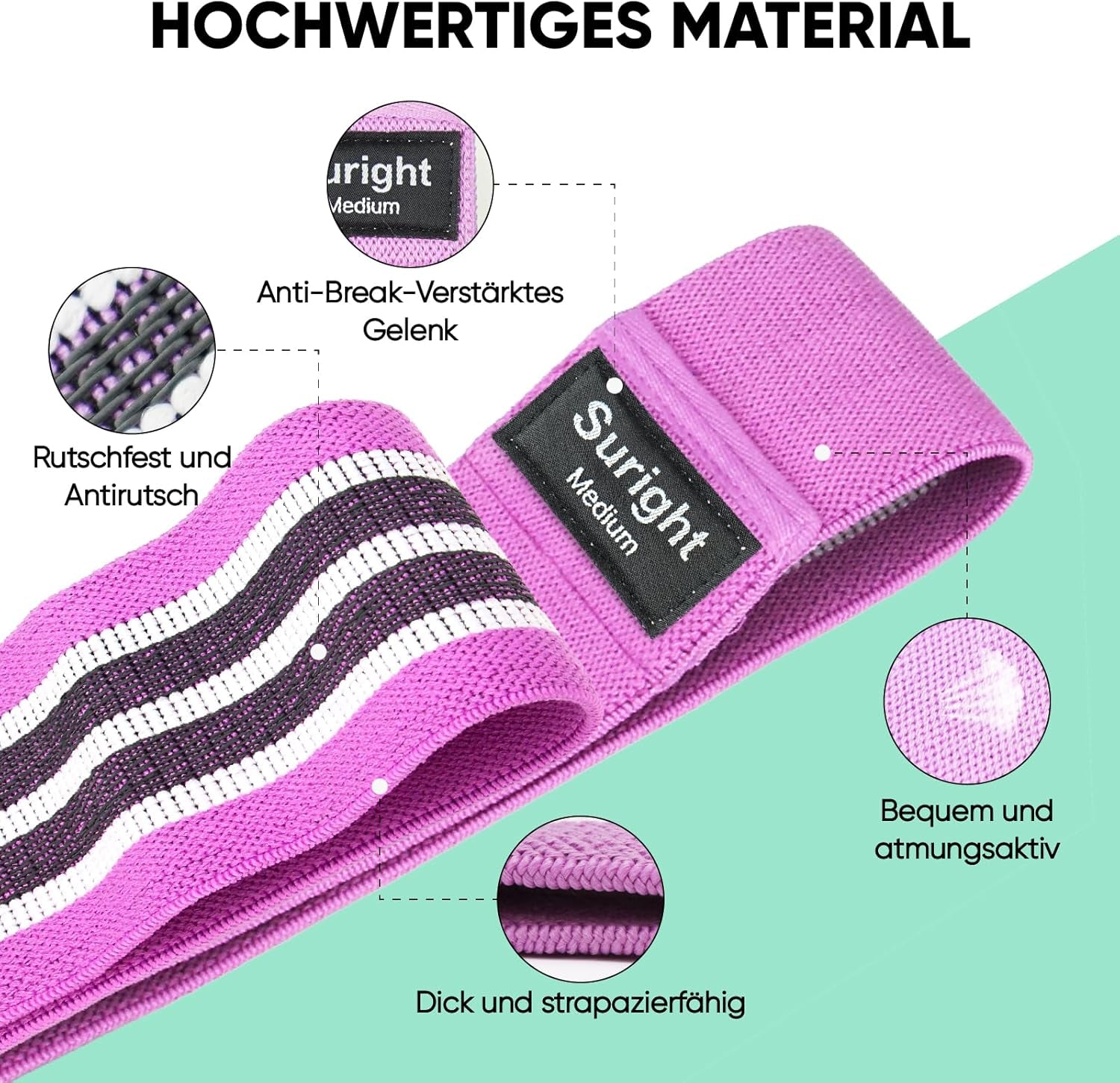 Suright Fitnessbänder Stricken, Resistance Bands Widerstandsbänder, Yogagürtel Rutsch & Schweißfest, Gymnastikgürtel, Hüft, Beintraining, Krafttraining Und Klimmzüge