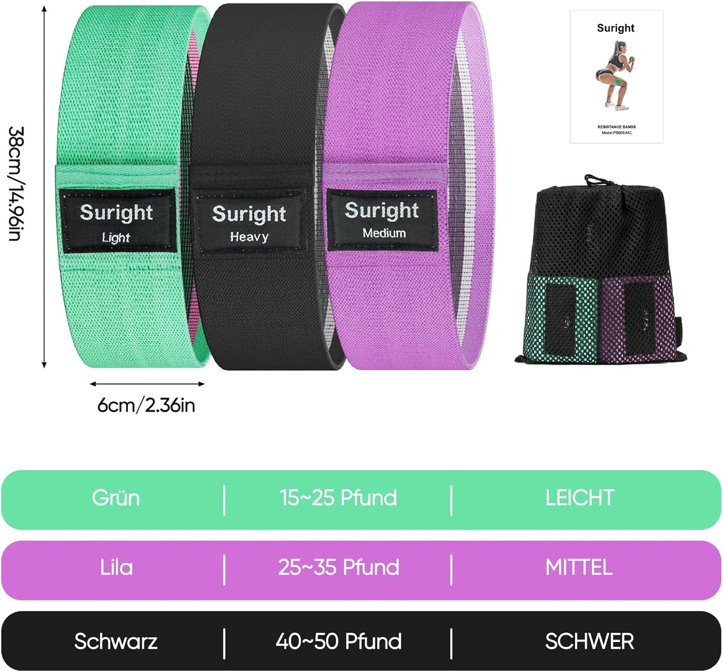 Suright Fitnessbänder Stricken, Resistance Bands Widerstandsbänder, Yogagürtel Rutsch & Schweißfest, Gymnastikgürtel, Hüft, Beintraining, Krafttraining Und Klimmzüge