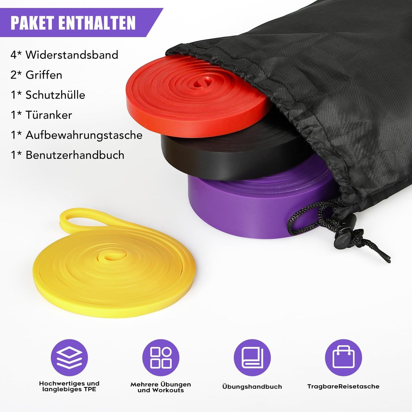 Fitnessbänder Mit 4 Widerstandsstufen, Resistance Bands Set Mit Griffen, Türanker, Schutzhülle, Tragetasche Und Trainingsanleitung, Widerstandsbänder Für Fitness, Stretching, Yoga, Krafttrain