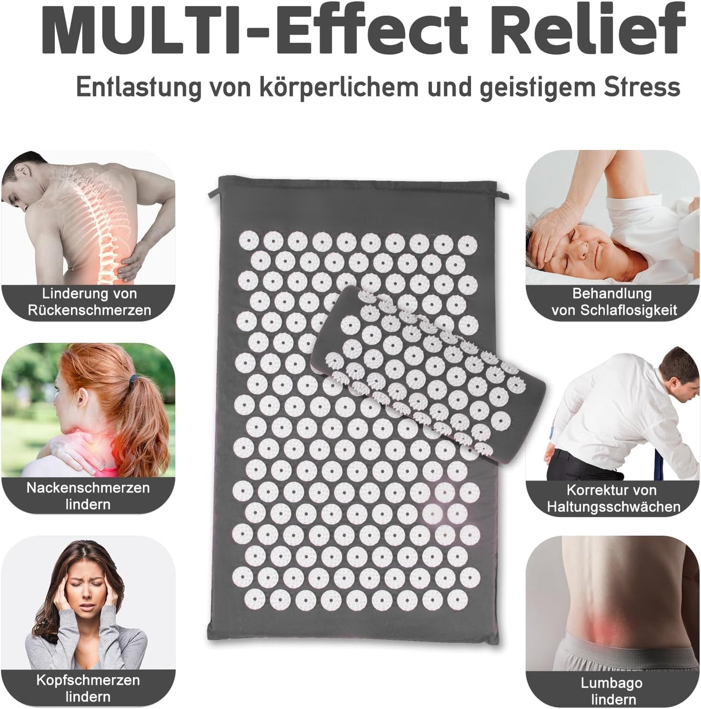 Akupressurmatte, Akupunktur Matte, Akkupressmatte Zur Linderung Von Nacken Und Rückenschmerzen, Acupressure Mat Mit Muskelentspannung Und Stressabbau, Shiatsu Matte Zur Ischiasentlastung, Grau Weiß