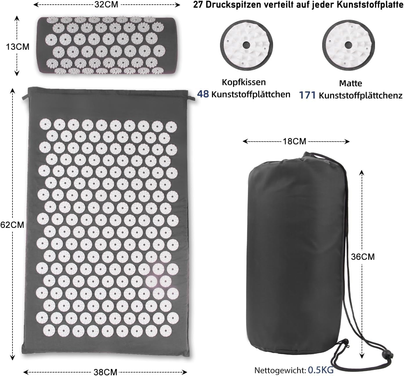 Akupressurmatte, Akupunktur Matte, Akkupressmatte Zur Linderung Von Nacken Und Rückenschmerzen, Acupressure Mat Mit Muskelentspannung Und Stressabbau, Shiatsu Matte Zur Ischiasentlastung, Grau Weiß